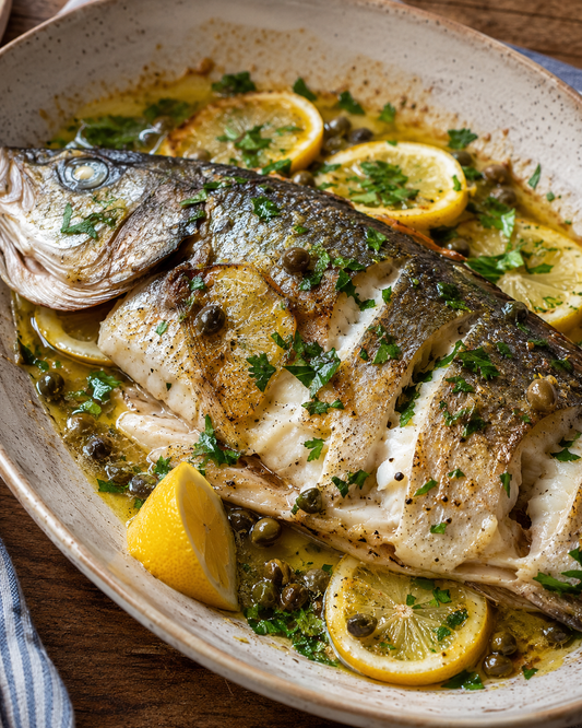 Adriatic-style baked sea bass with lemon, parsley and capers