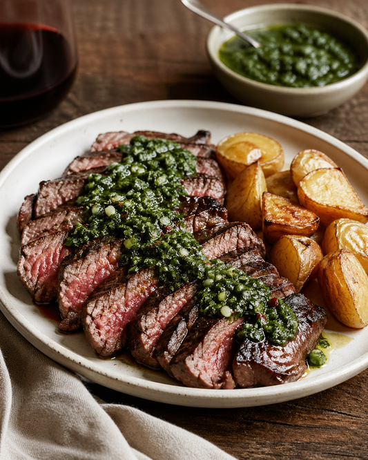 Argentinian-style steak with chimichurri and roast potatoes