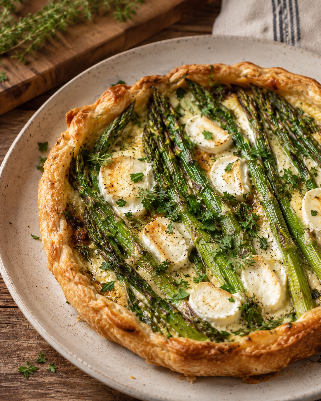 Asparagus, goat’s cheese and herb tart