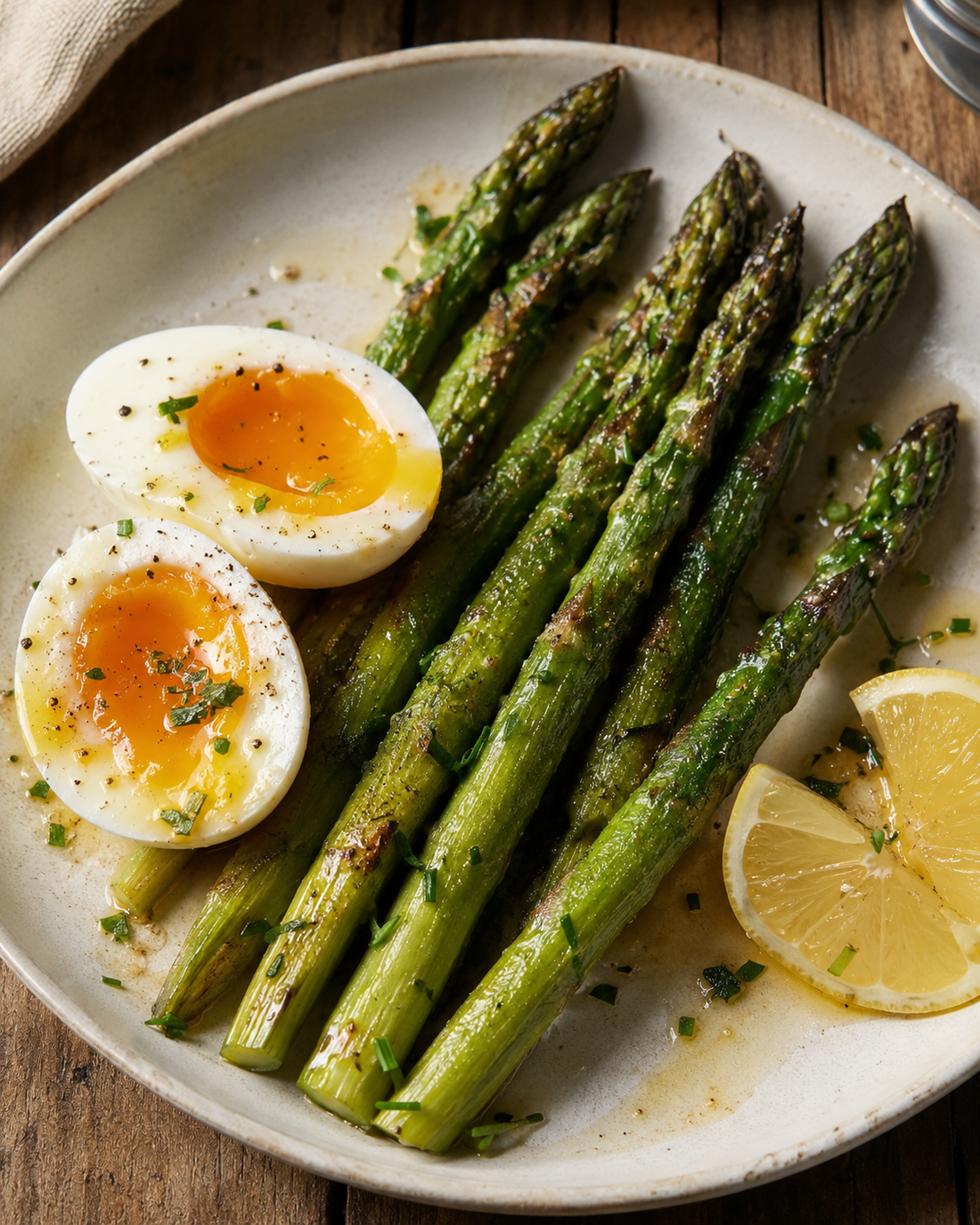 Asparagus with browned butter, lemon and a soft-boiled egg