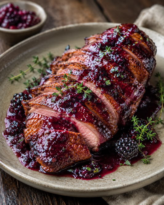 Barbecue duck with sticky berry glaze