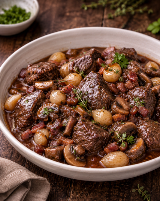 Beef bourguignon with bacon, mushrooms and pearl onions