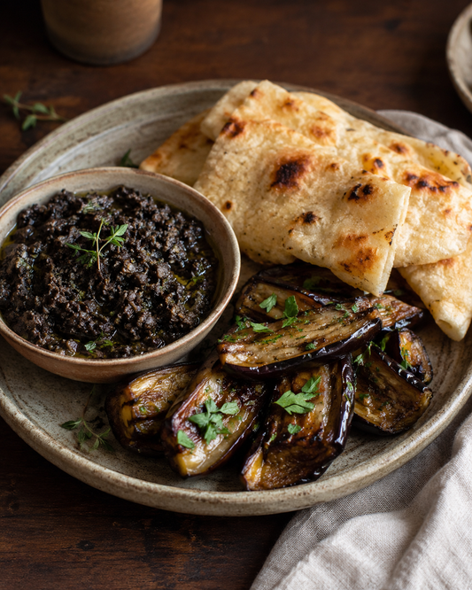 Black olive tapenade with roast aubergine and warm flatbread