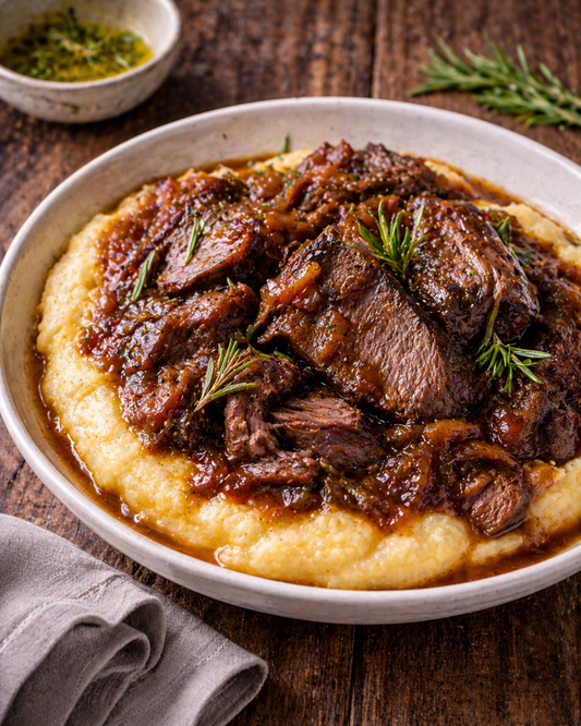 Braised beef with rosemary and soft polenta
