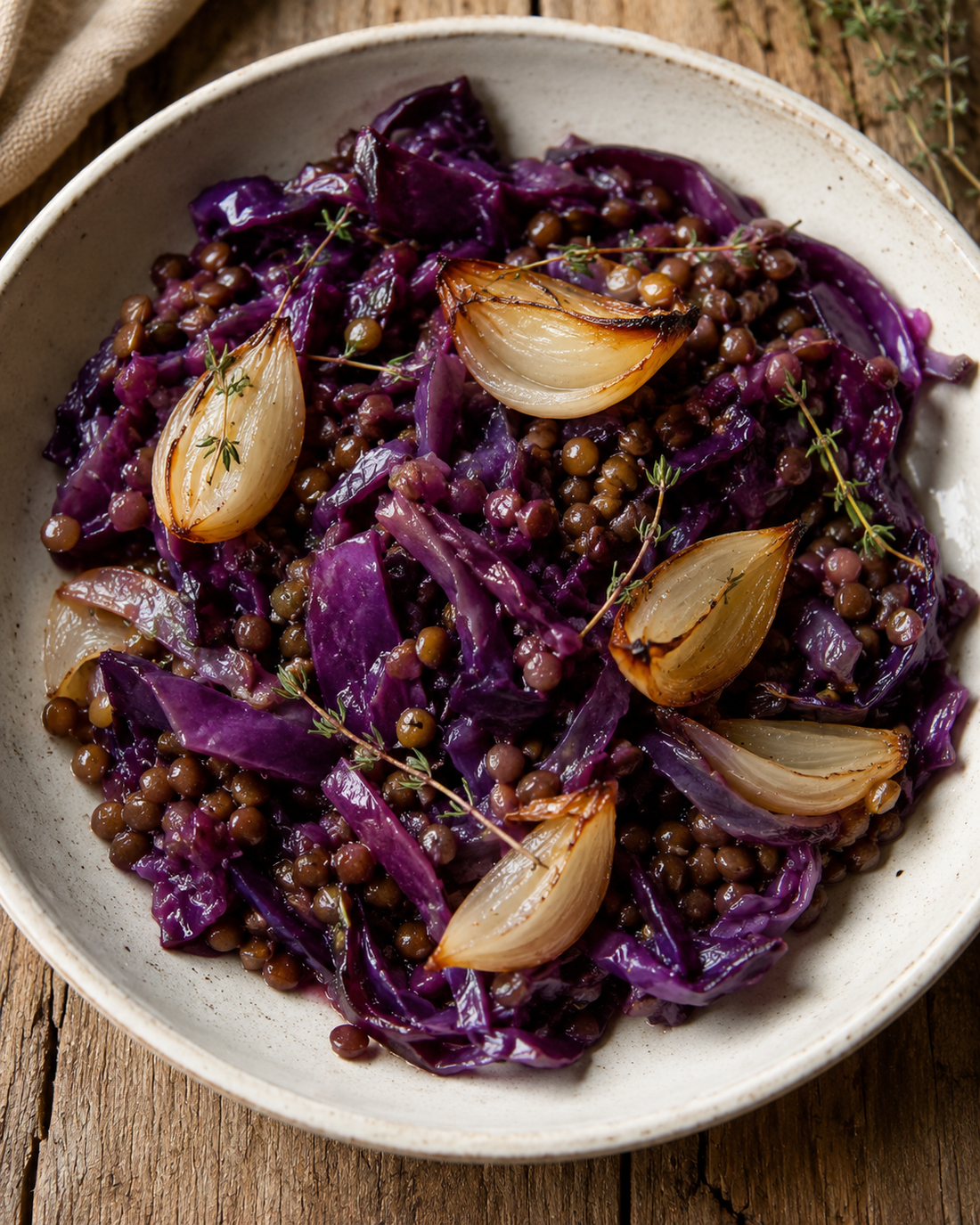 Braised red cabbage with lentils and roasted onions