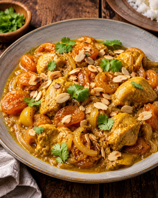 Cape Malay chicken curry with apricots and toasted almonds