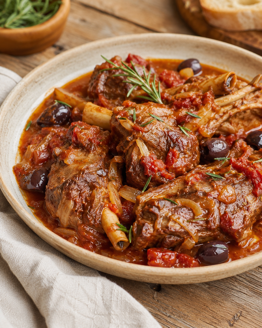 Catalan-style braised lamb with tomatoes, olives and rosemary