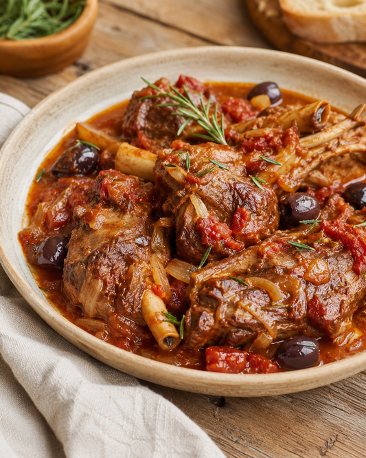 Catalan-style braised lamb with tomatoes, olives and rosemary