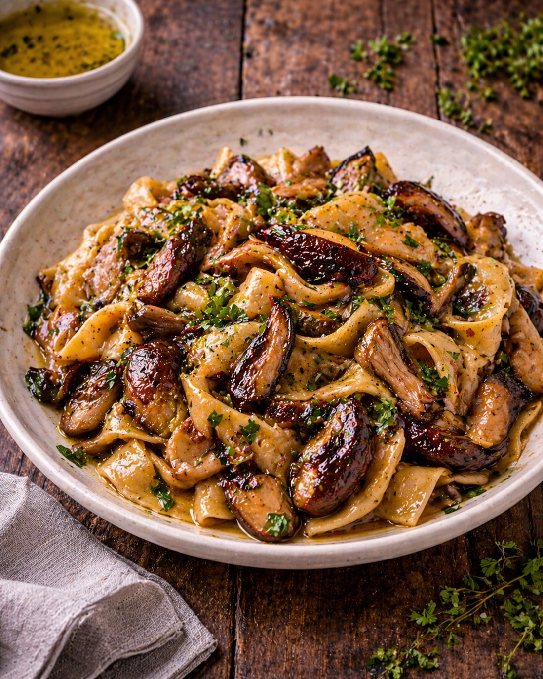 Charred mushroom and black pepper pappardelle