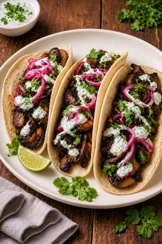 Charred mushroom tacos with pickled onions and yoghurt sauce