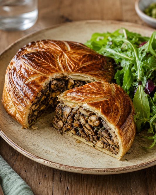 Chestnut mushroom pithivier with a dressed green salad