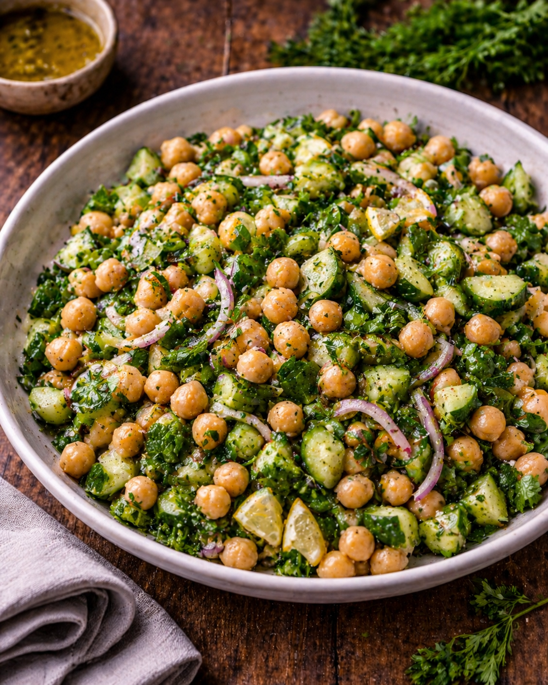 Chickpea, cucumber and herb salad with lemon dressing