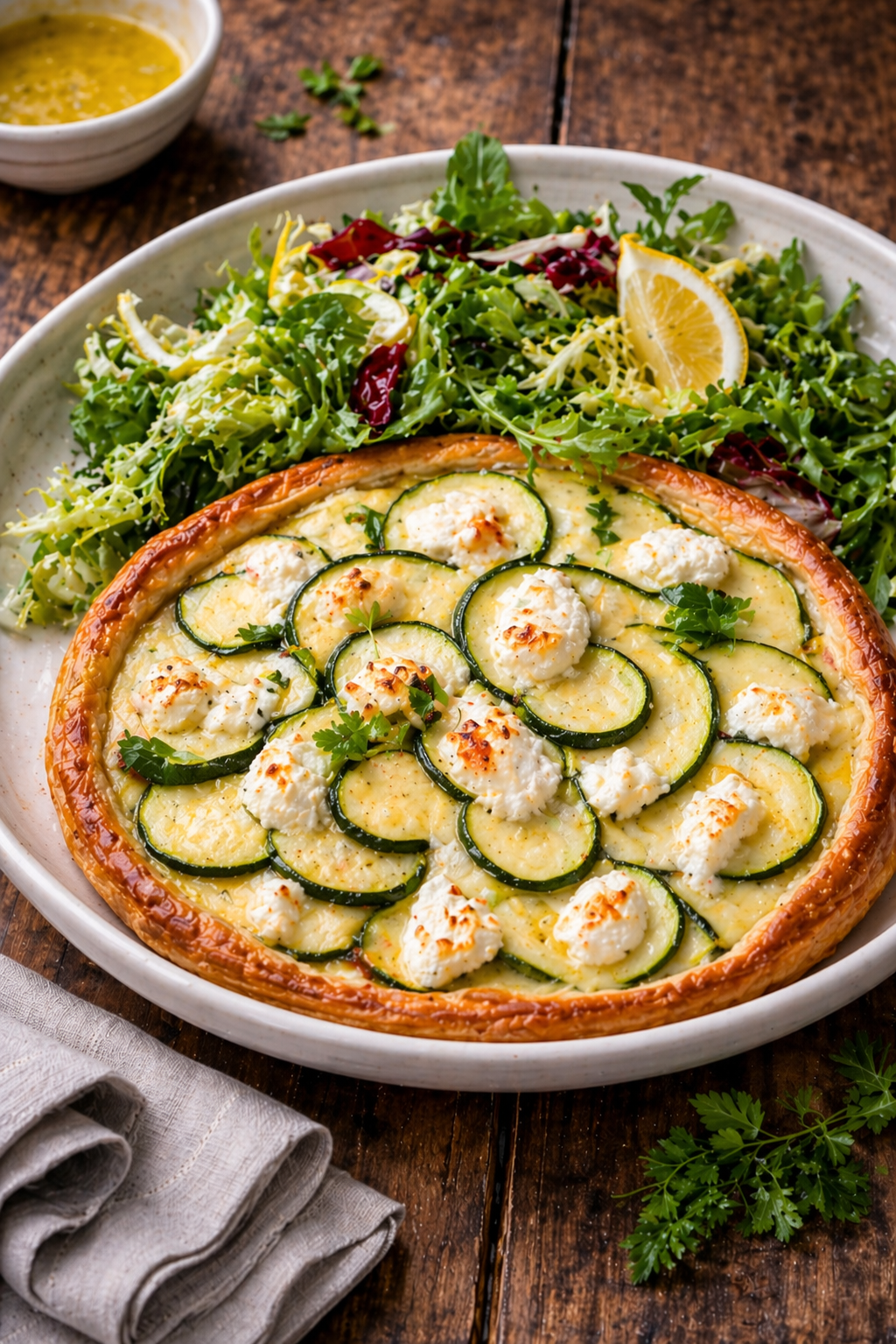 Courgette and goat’s cheese tart with a lemon-dressed salad