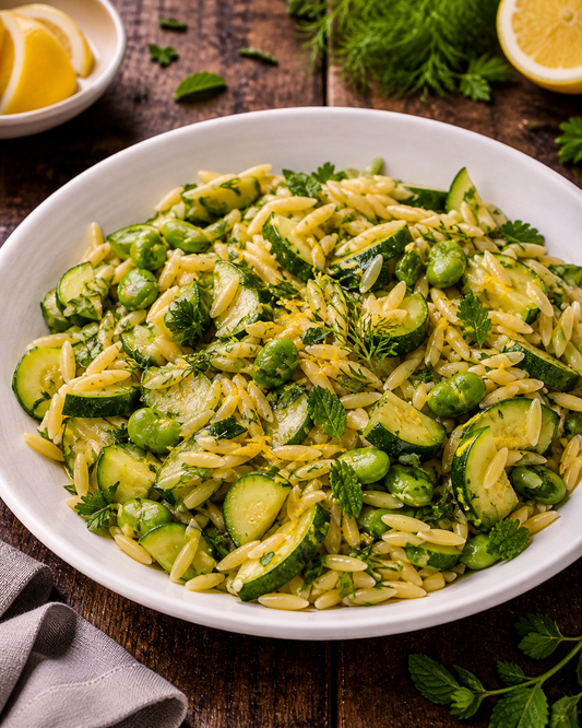 Courgette, broad bean and lemon orzo with herbs