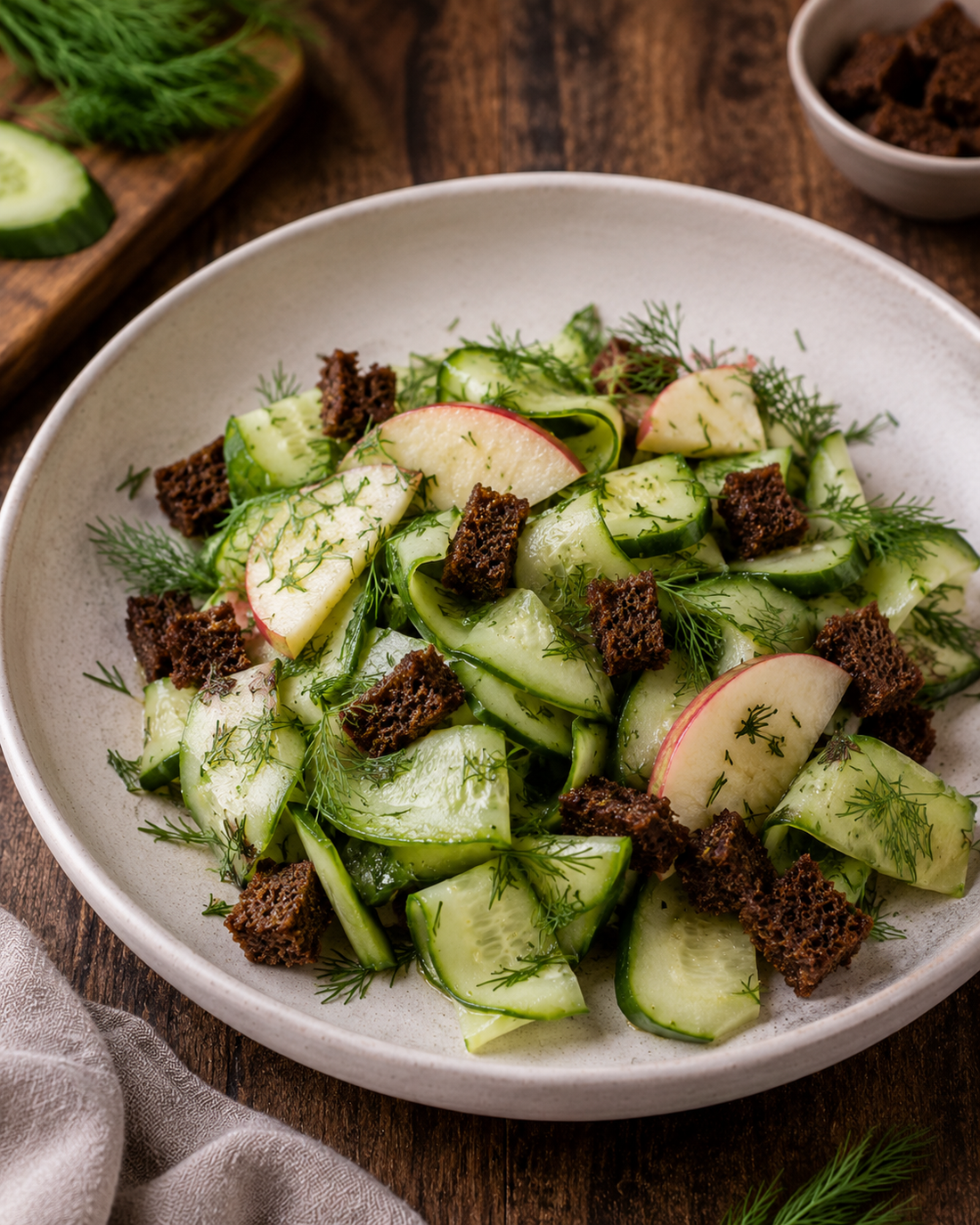 Cucumber, dill and apple salad with rye croutons