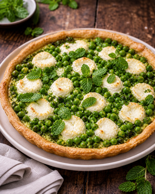 Goat’s cheese, pea and mint tart
