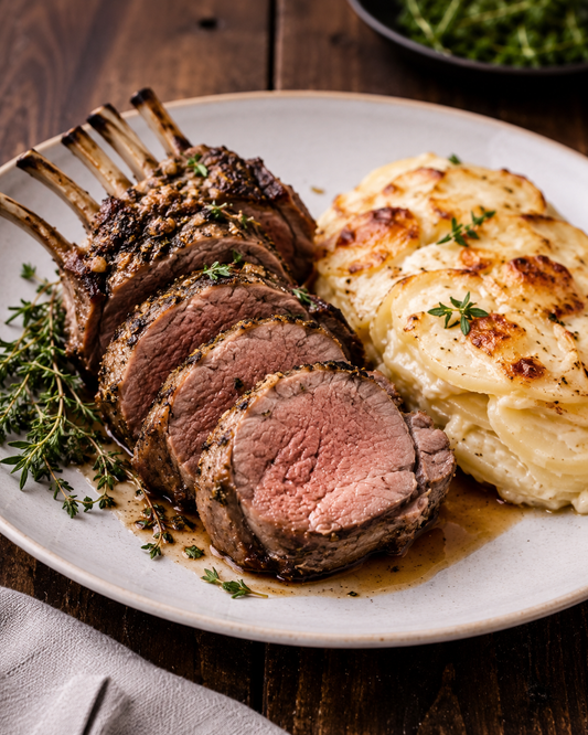 Herb-roast saddle of lamb with dauphinoise potatoes