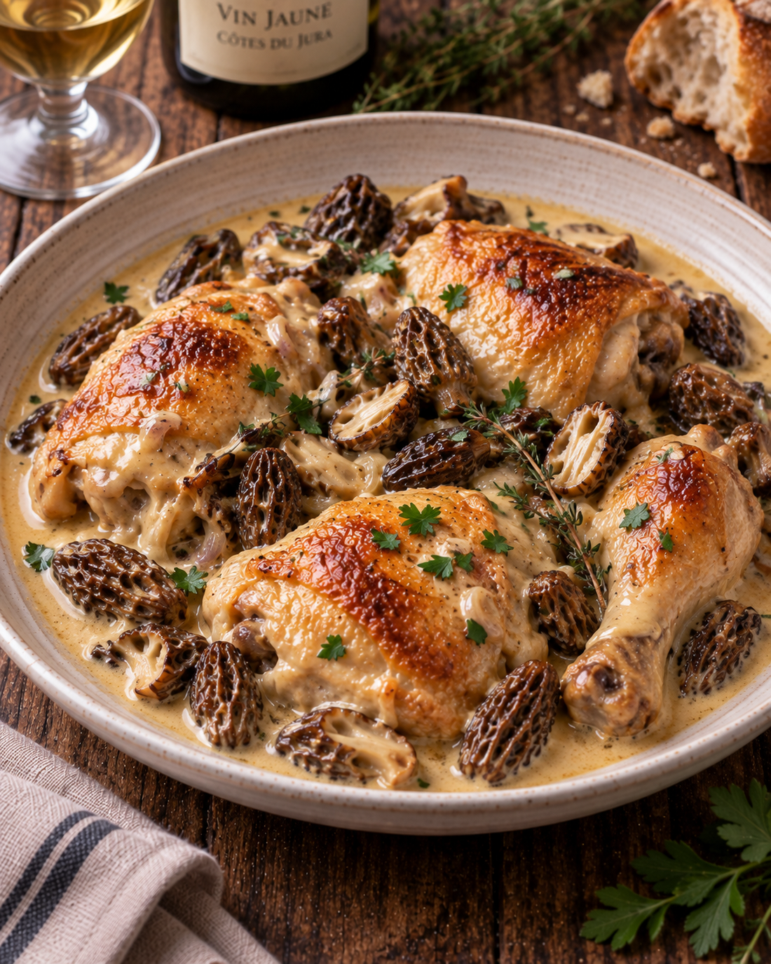 Jura-style chicken with morels, Vin Jaune and cream
