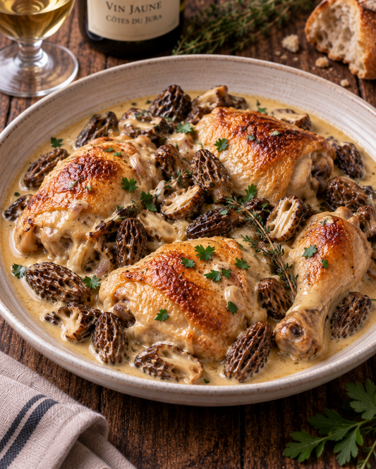 Jura-style chicken with morels, Vin Jaune and cream