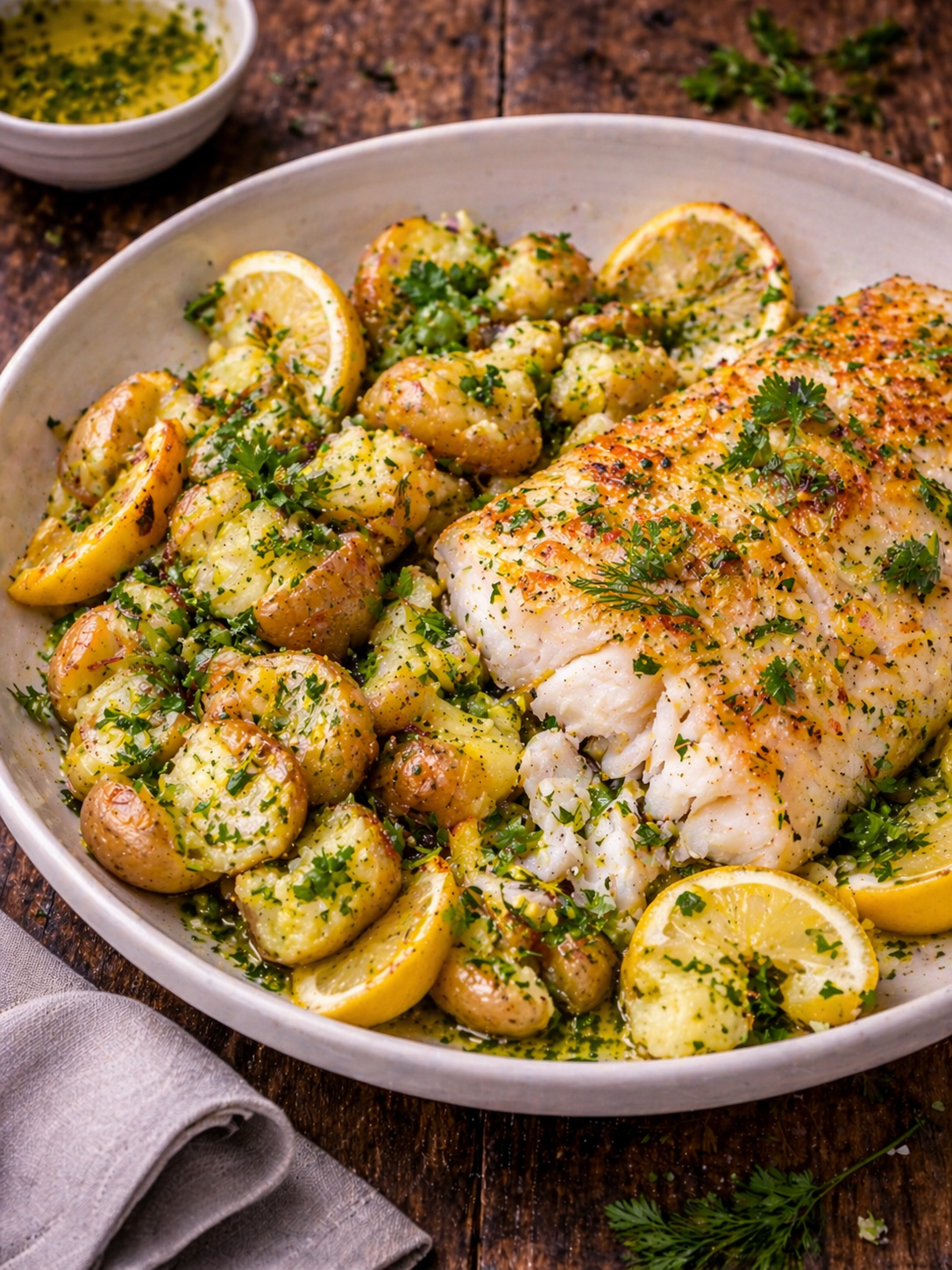 Lemon-herb baked cod with crushed new potatoes