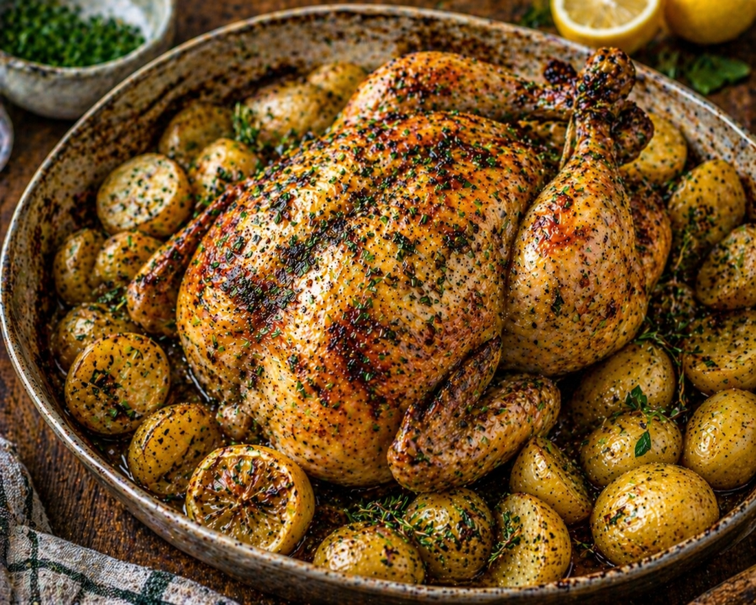 Lemon-herb roast chicken with new potatoes