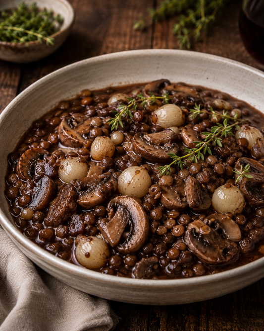 Lentil and mushroom bourguignon with thyme and pearl onions