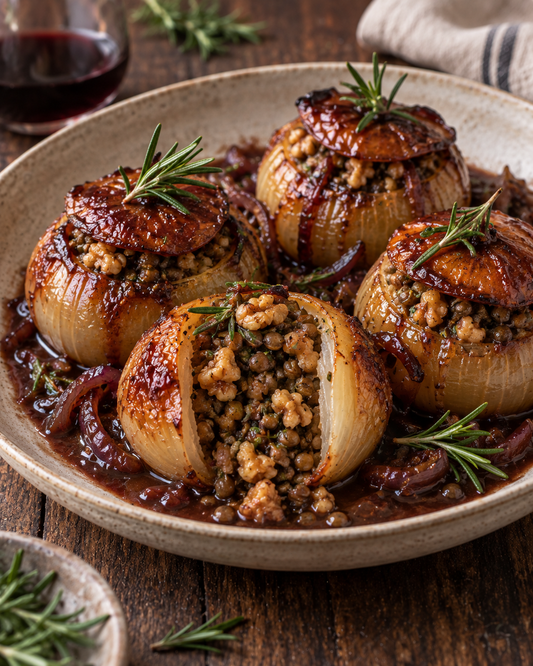 Lentil and walnut stuffed onions with rosemary and red wine gravy