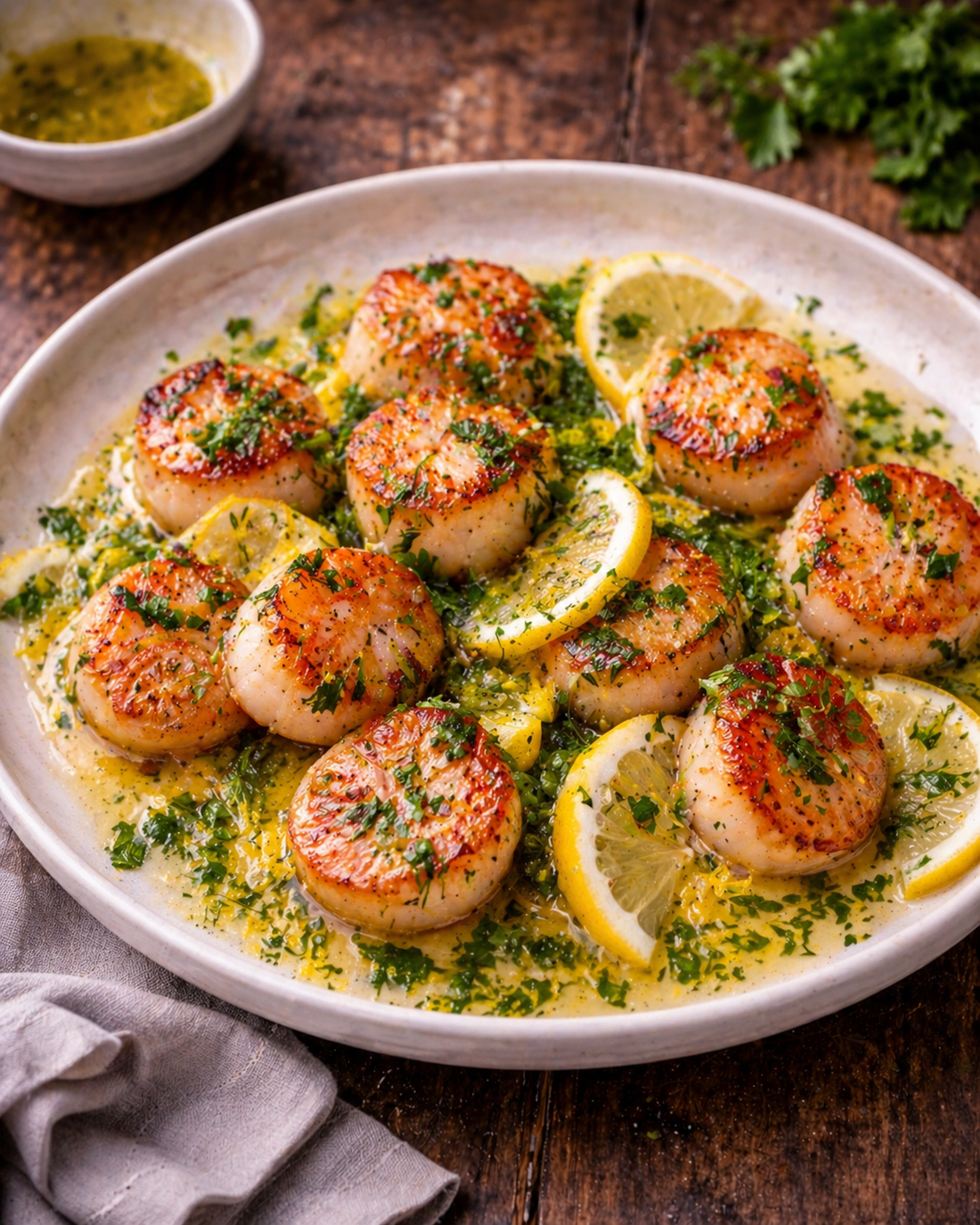 Lightly seared scallops with lemon and herbs