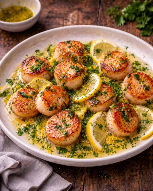 Lightly seared scallops with lemon and herbs