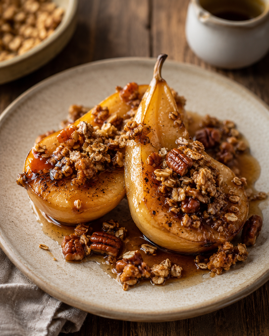 Maple-roasted pears with pecans and oat crumble