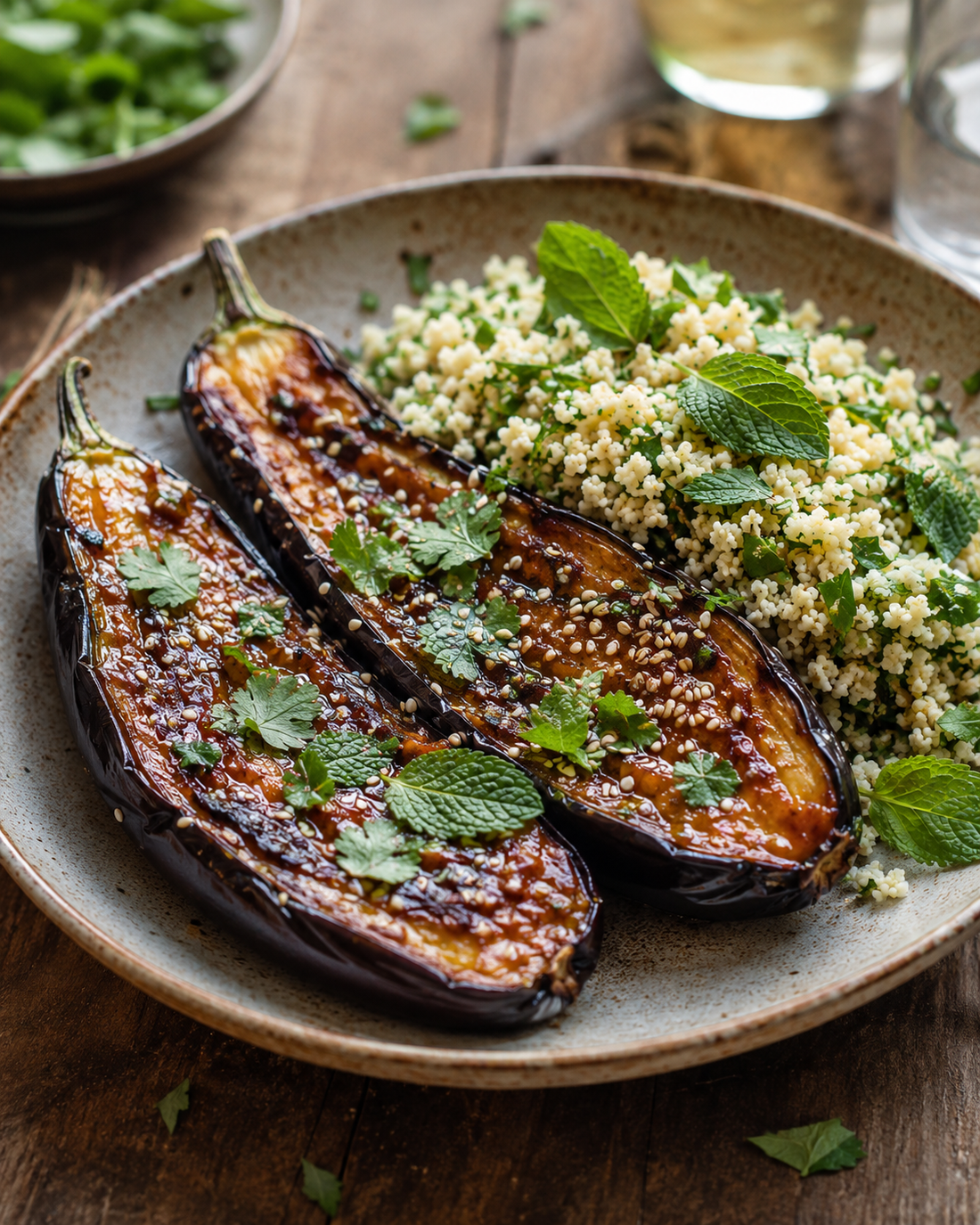Miso–sesame roasted aubergine with herby couscous