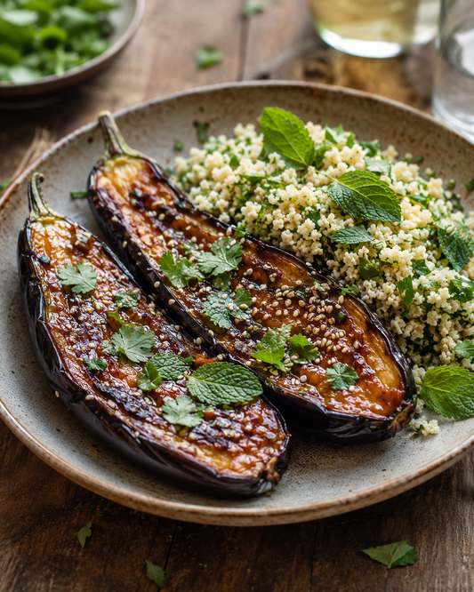 Miso–sesame roasted aubergine with herby couscous