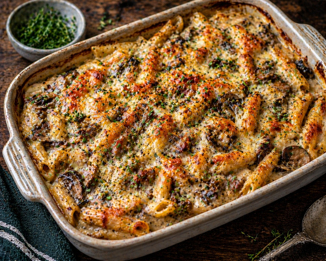 Mushroom and thyme pasta bake