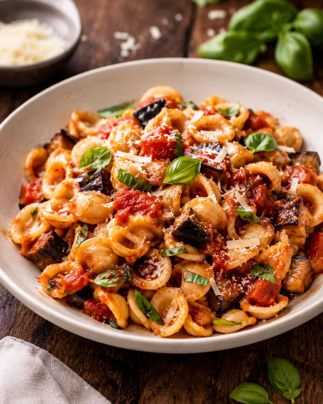 Orecchiette with roasted aubergine, tomato, basil and ricotta salata