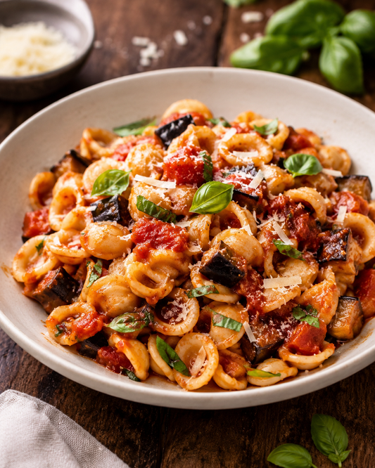 Orecchiette with roasted aubergine, tomato, basil and ricotta salata