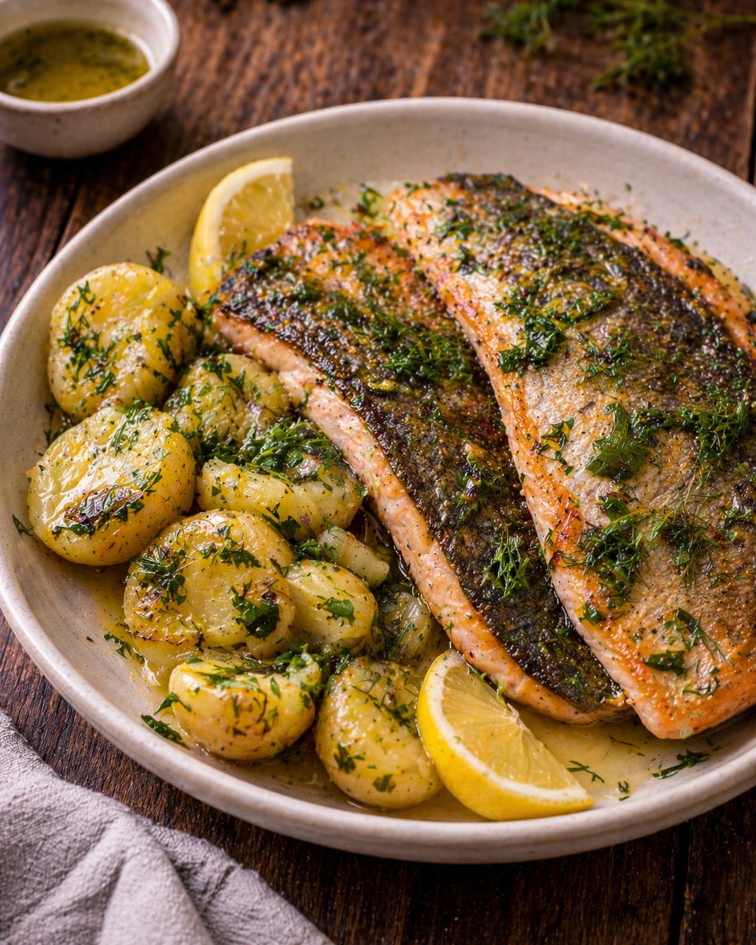 Pan-fried trout with dill, parsley and lemon potatoes