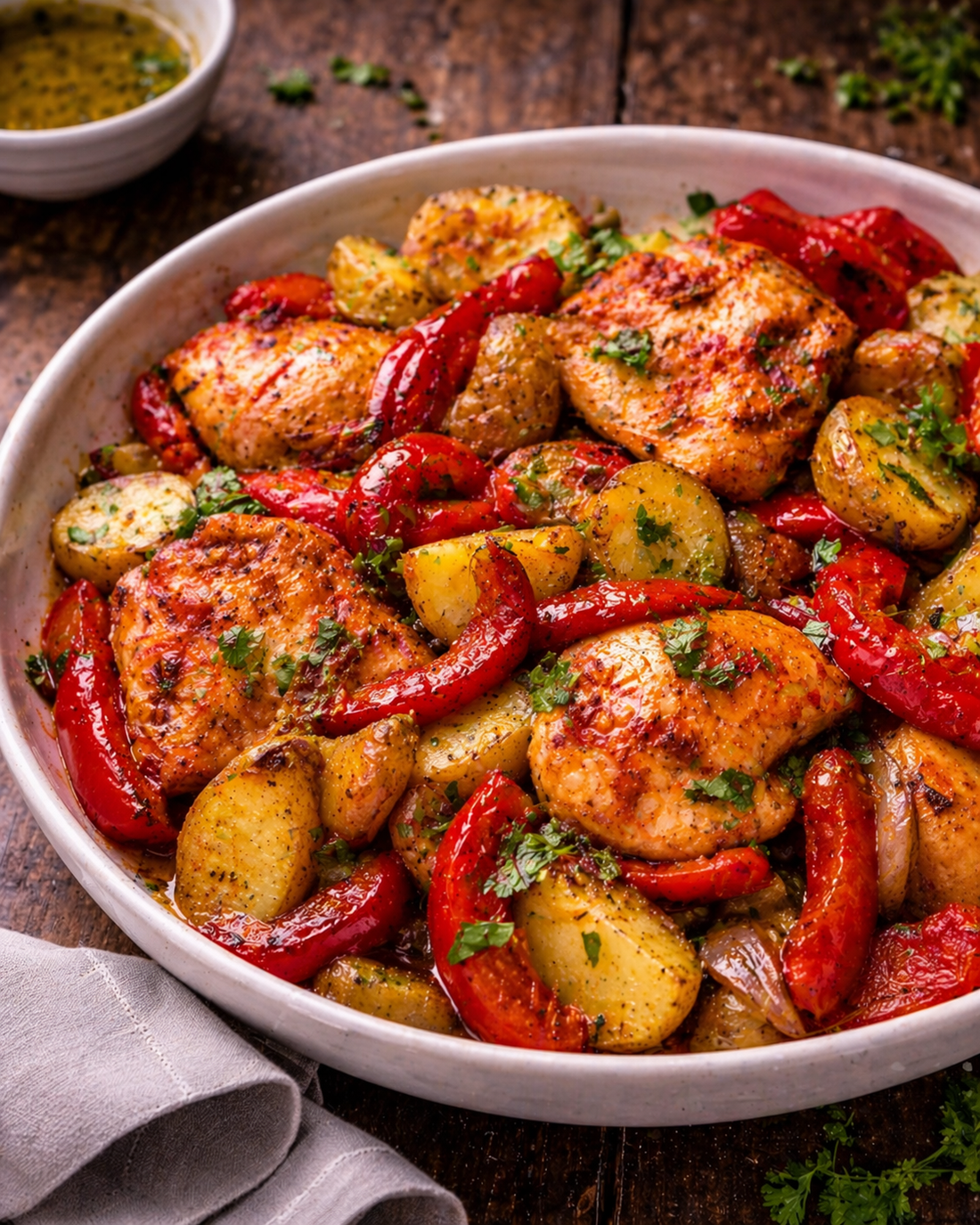 Paprika chicken with roast peppers and crispy potatoes