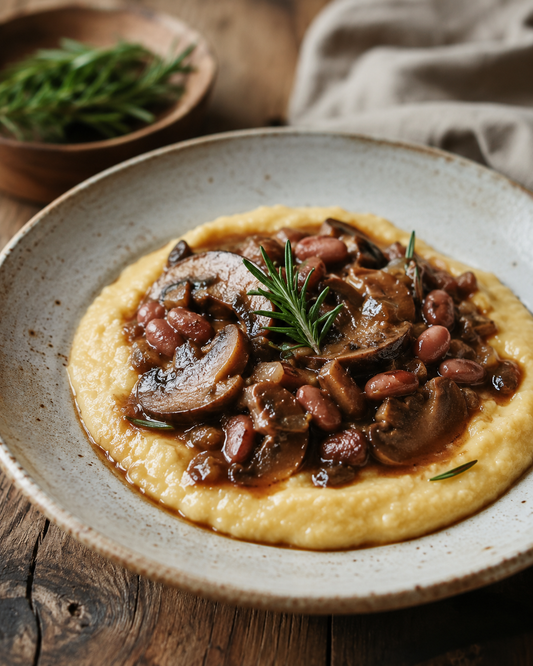 Porcini, borlotti bean and rosemary ragù with soft polenta