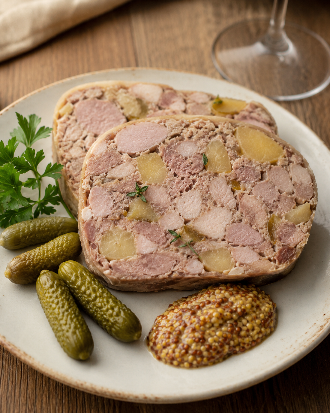 Pork and apple terrine with mustard and cornichons