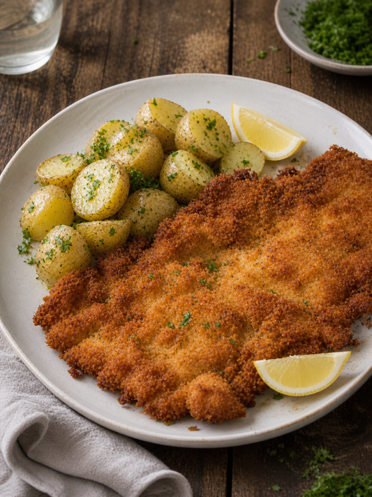 Pork schnitzel with lemon and parsley potatoes