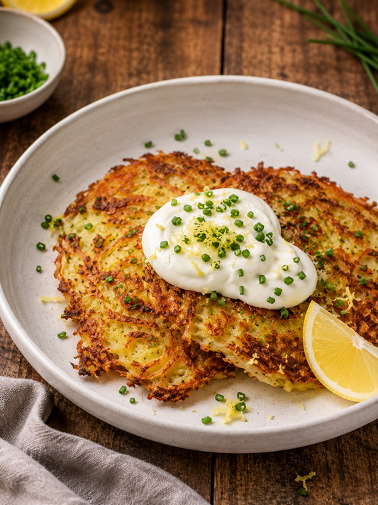 Potato rösti with soured cream, chives and a little lemon zest