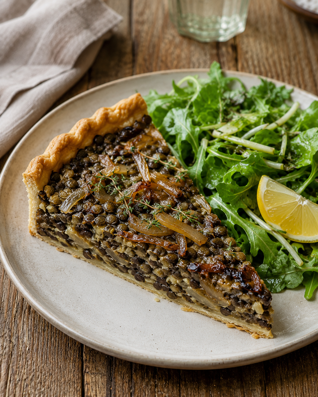 Puy lentil, caramelised onion and thyme tart
