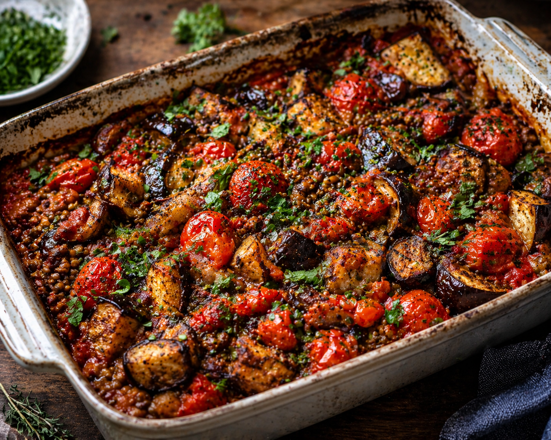 Roast aubergine, lentil and tomato bake with herbs