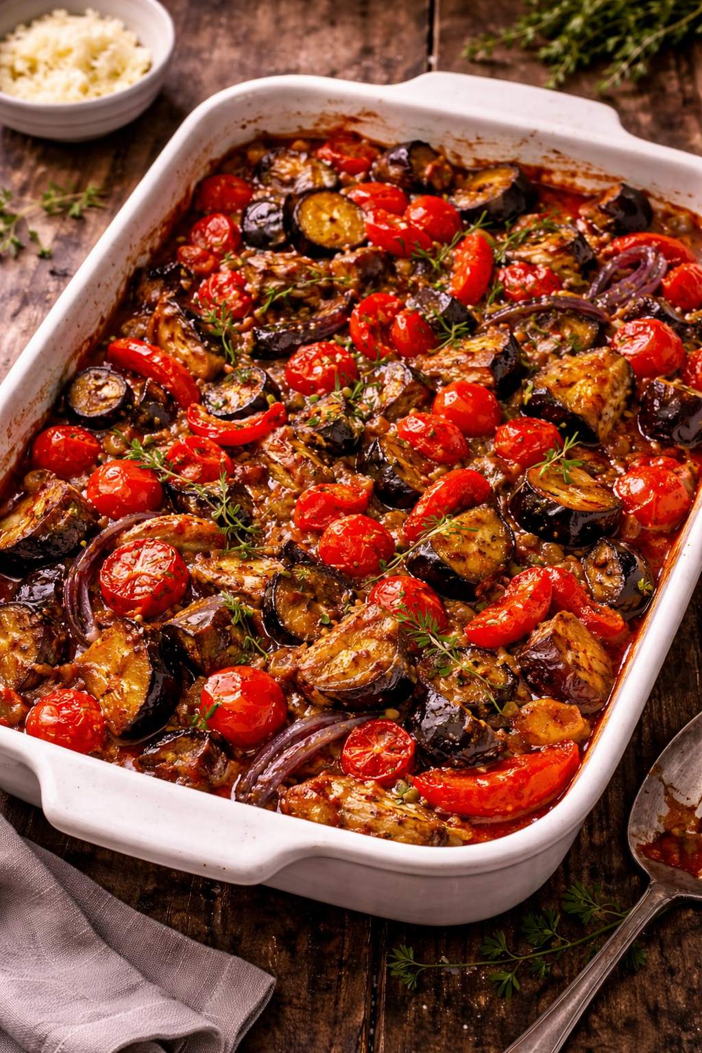Roast Aubergine, Red Pepper and Tomato Bake with Thyme