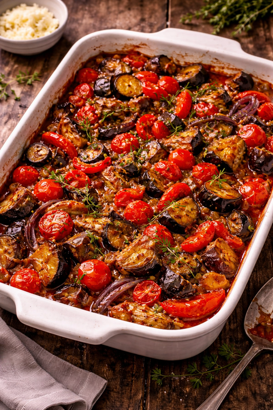 Roast Aubergine, Red Pepper and Tomato Bake with Thyme