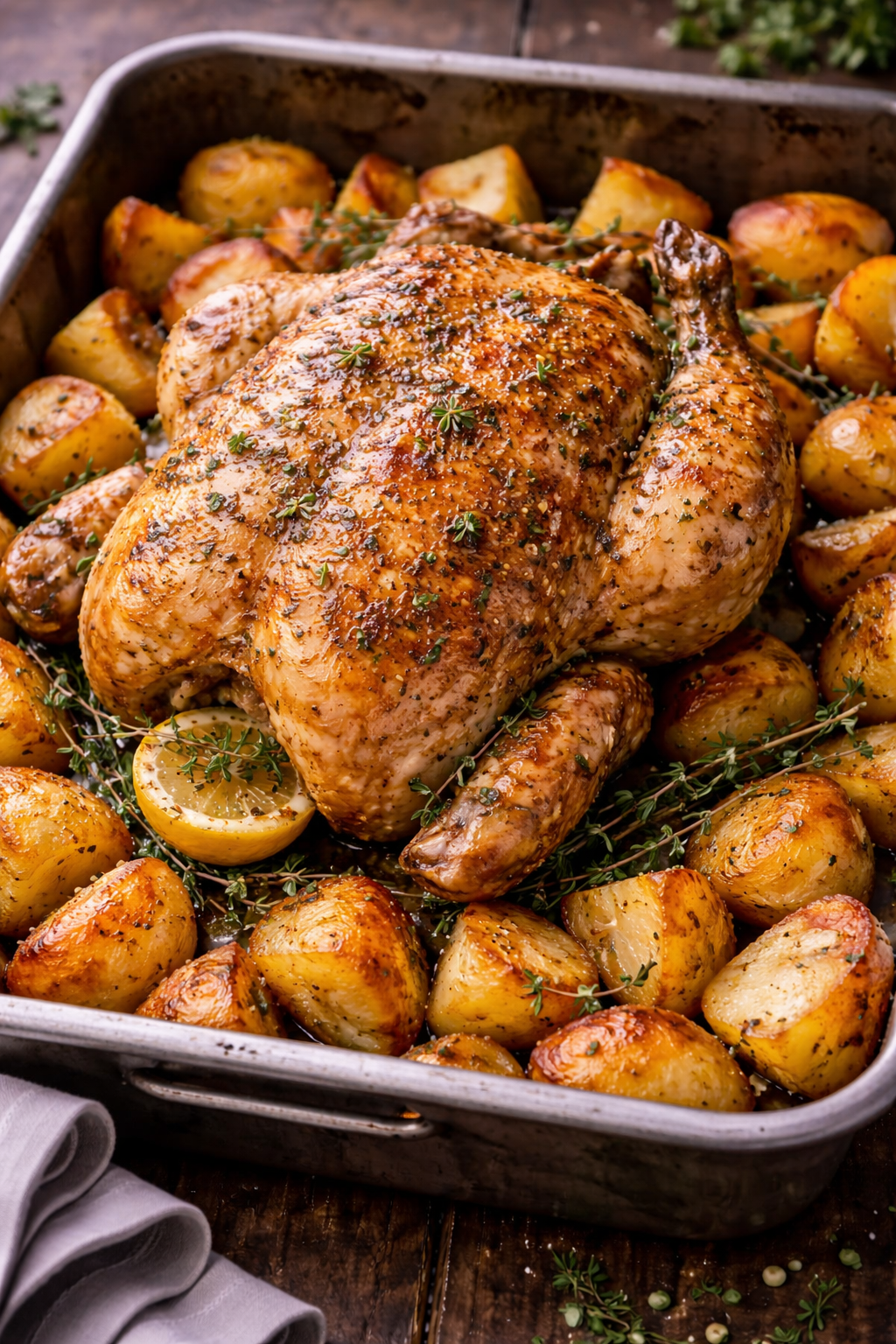 Roast Chicken with Thyme, Garlic and Crispy Potatoes