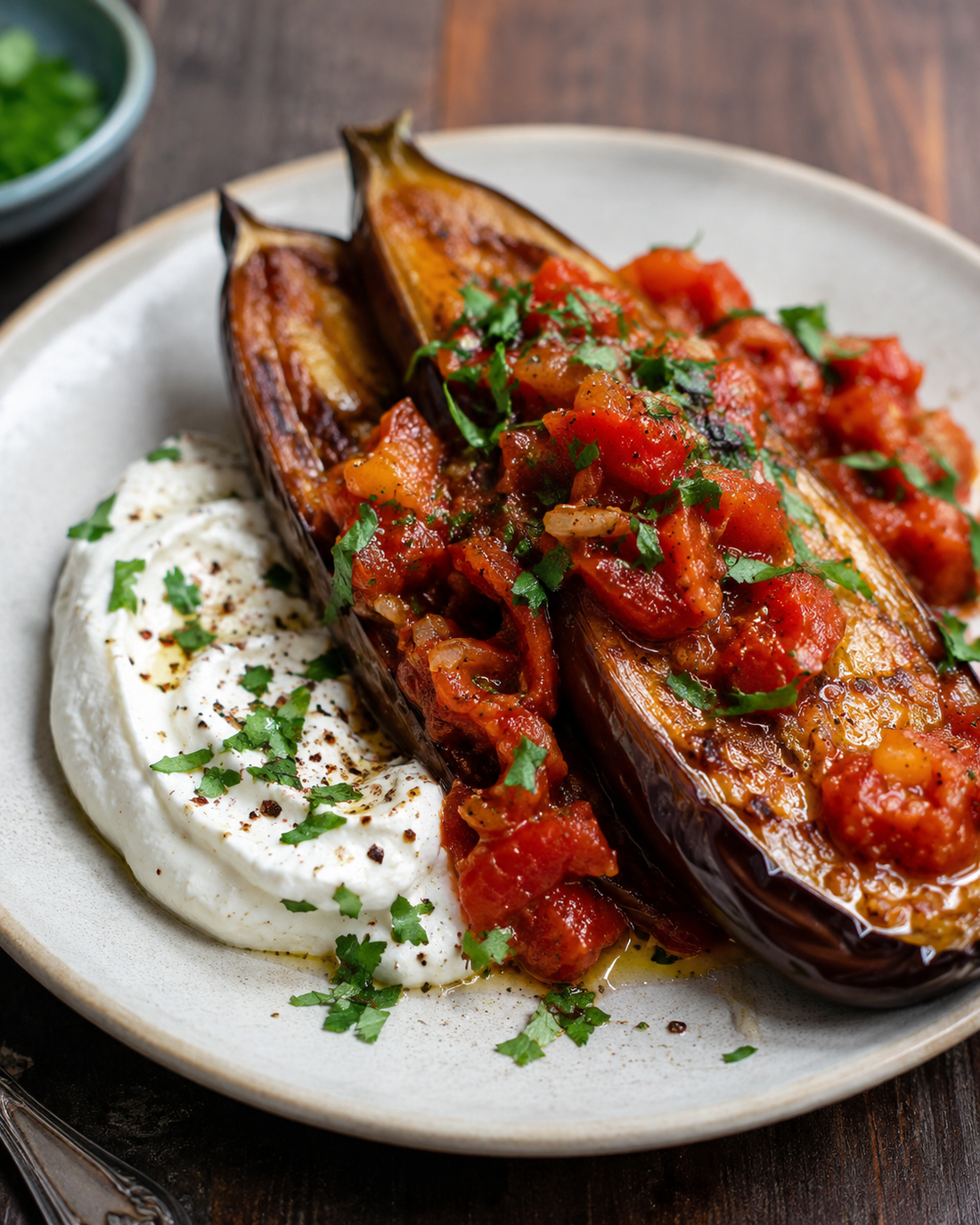 Roast aubergine with spiced tomatoes and whipped feta
