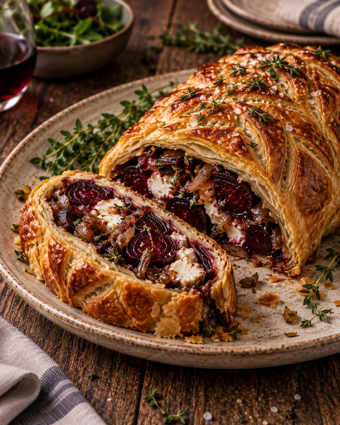 Roast beetroot, goat’s cheese and caramelised shallot Wellington