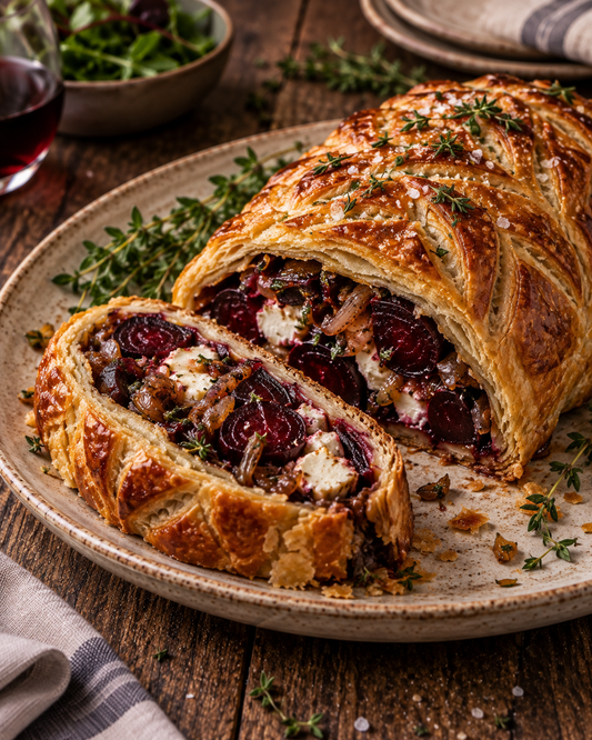 Roast beetroot, goat’s cheese and caramelised shallot Wellington