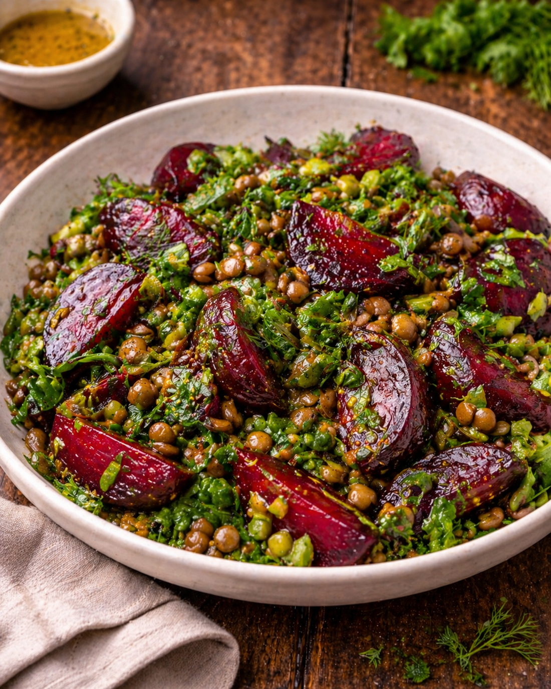 Roast beetroot, lentil and herb salad with a mustard dressing